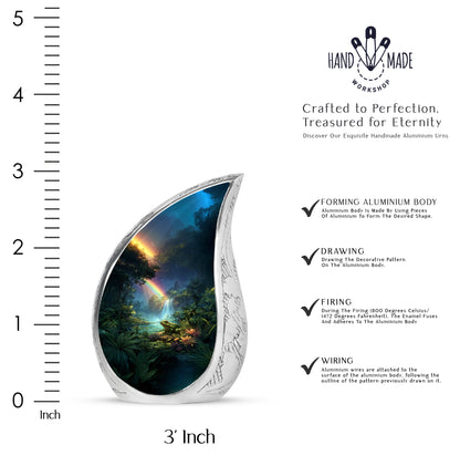 Pastel Blue Frog Cremation Urn angled view of lid and engraved motif - flowing teardrop frog silhouette on curved aluminum - mini keepsake memorial for portion of cremation ashes