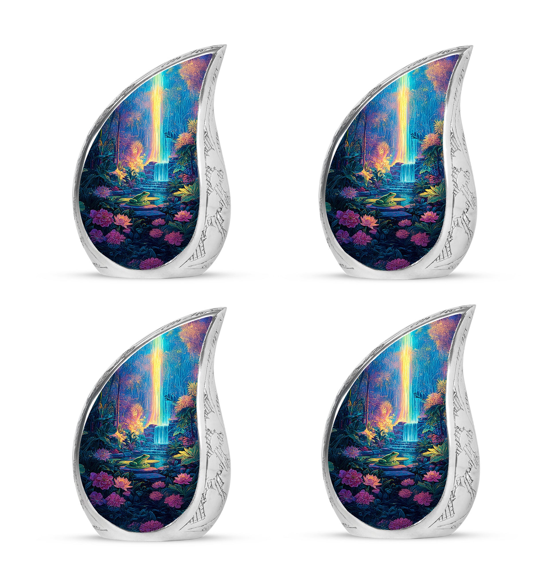 Storm Gray Frog Cremation Urn close-up of engraving and surface detail - smooth teardrop contour featuring frog art - 10 inch aluminum urn for cremated remains