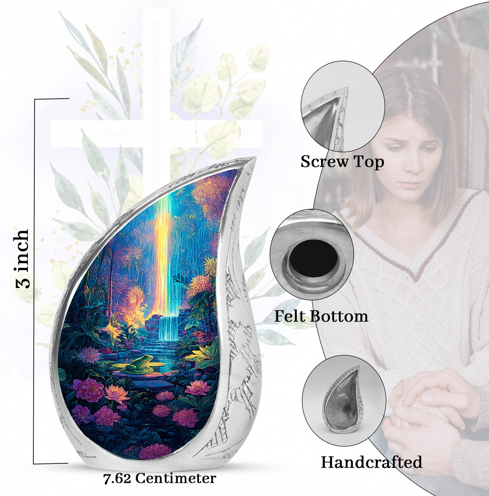 Pewter Gray Frog Cremation Urn angled view of lid and engraved motif - rounded teardrop frog design with delicate detail - mini keepsake memorial for portion of cremation ashes