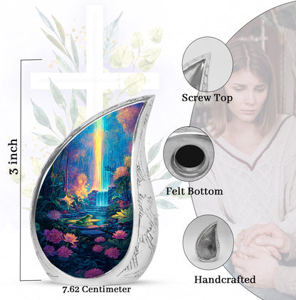Pewter Gray Frog Cremation Urn angled view of lid and engraved motif - rounded teardrop frog design with delicate detail - mini keepsake memorial for portion of cremation ashes