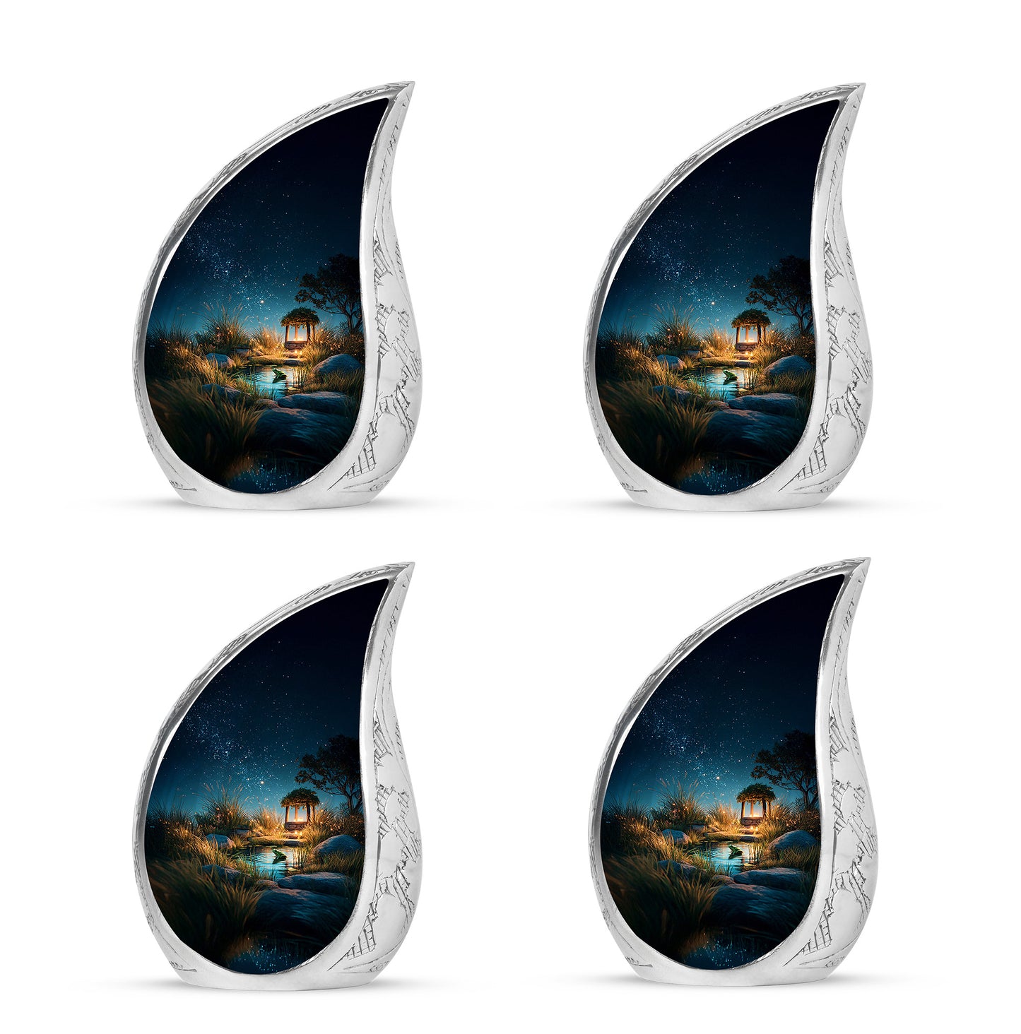 Misty Blue Frog Cremation Urn close-up of engraving and surface detail - flowing teardrop frog silhouette on curved aluminum - 10 inch aluminum urn for cremated remains