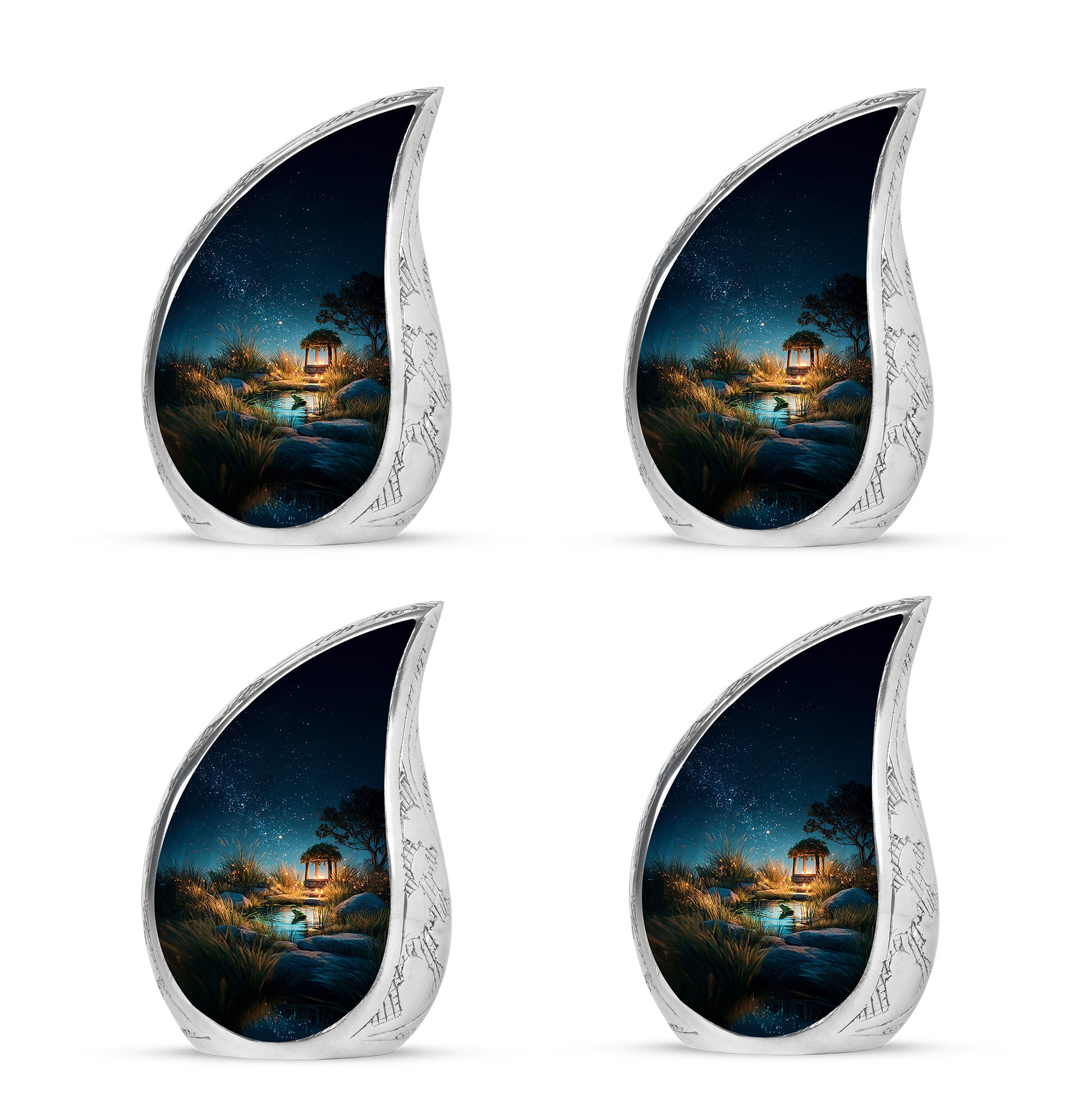 Misty Blue Frog Cremation Urn close-up of engraving and surface detail - flowing teardrop frog silhouette on curved aluminum - 10 inch aluminum urn for cremated remains