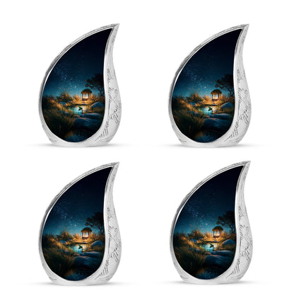 Misty Blue Frog Cremation Urn close-up of engraving and surface detail - flowing teardrop frog silhouette on curved aluminum - 10 inch aluminum urn for cremated remains