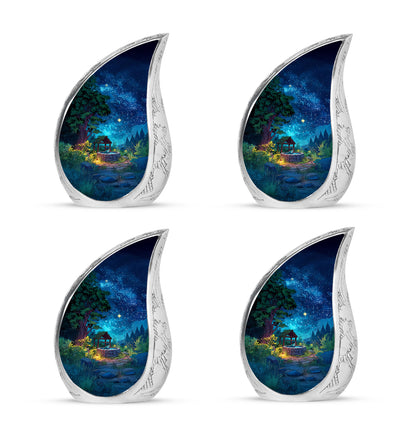 Indigo Frog Cremation Urn close-up of engraving and surface detail - rounded teardrop frog design with delicate detail - 10 inch aluminum urn for cremated remains