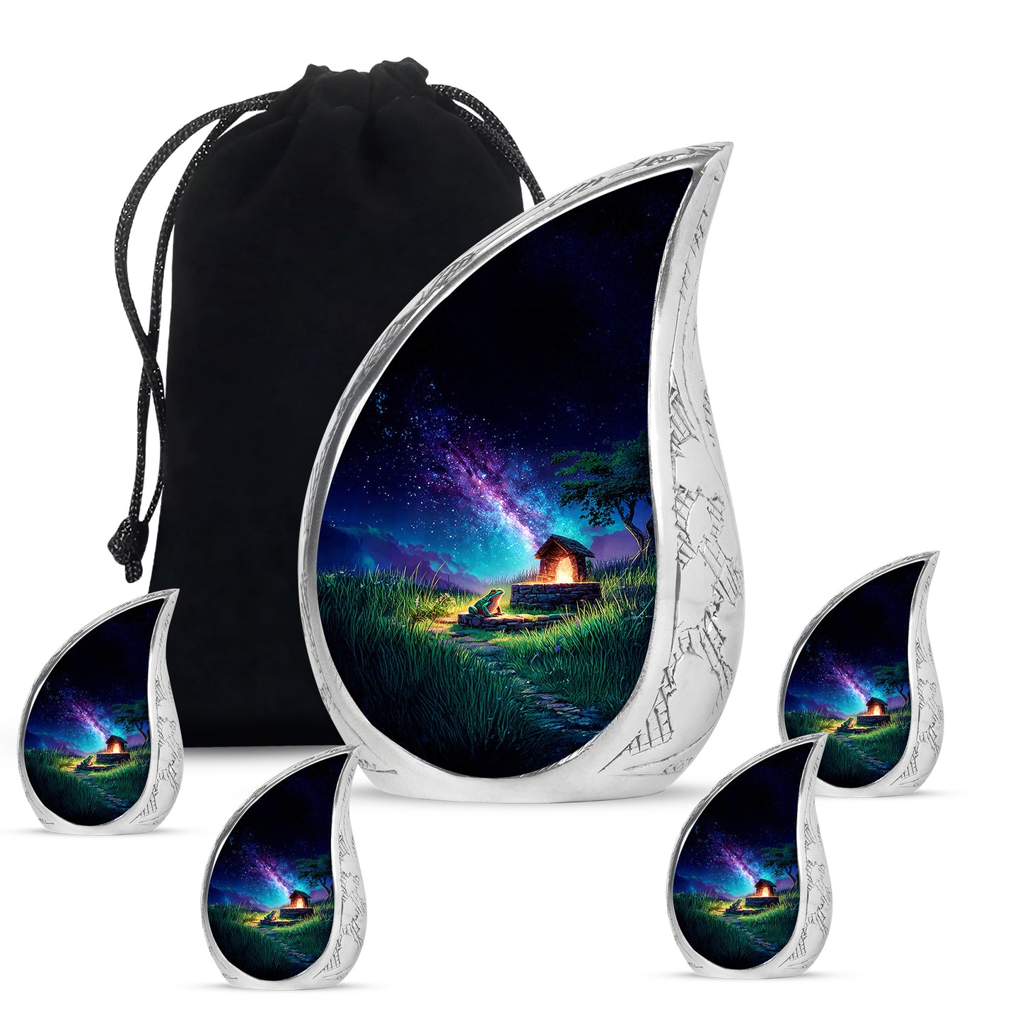 Sapphire Blue Frog Cremation Urn side profile showing urn shape - smooth teardrop contour featuring frog art - memorial set with one large and four small urns