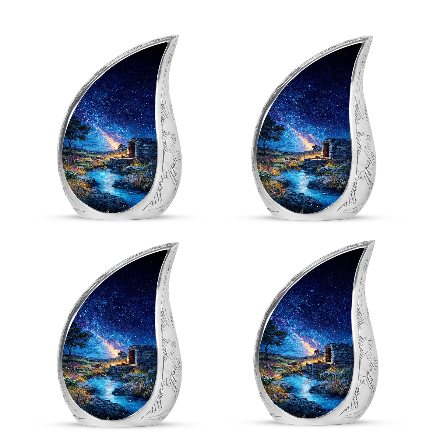 Royal Blue Frog Cremation Urn close-up of engraving and surface detail - smooth teardrop contour featuring frog art - 10 inch aluminum urn for cremated remains