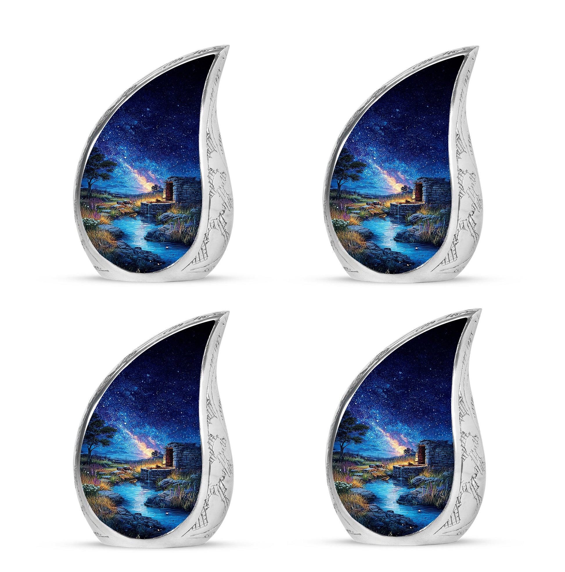 Royal Blue Frog Cremation Urn close-up of engraving and surface detail - smooth teardrop contour featuring frog art - 10 inch aluminum urn for cremated remains