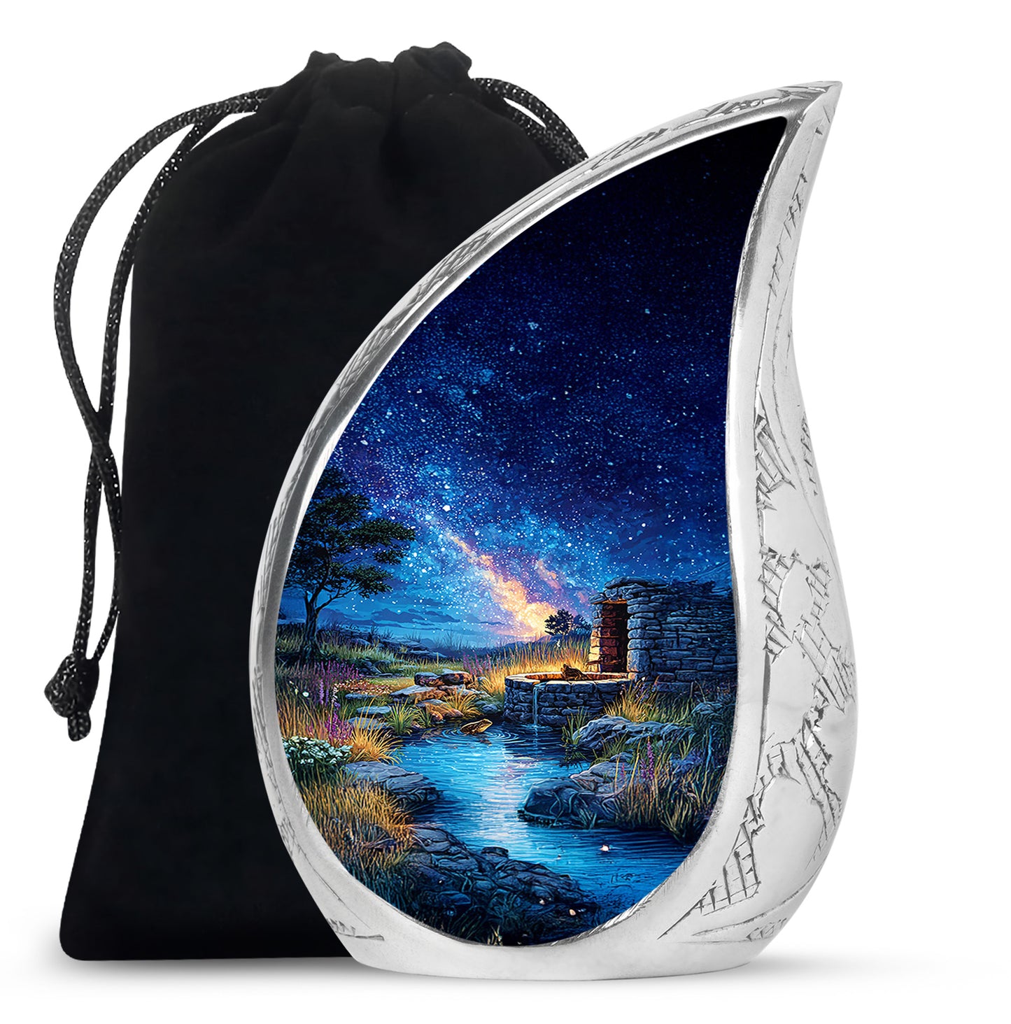 Celestial Blue Frog Cremation Urn front view showing detailed design - flowing teardrop frog silhouette on curved aluminum - full-size 10 inch 200 cubic inch adult cremation urn