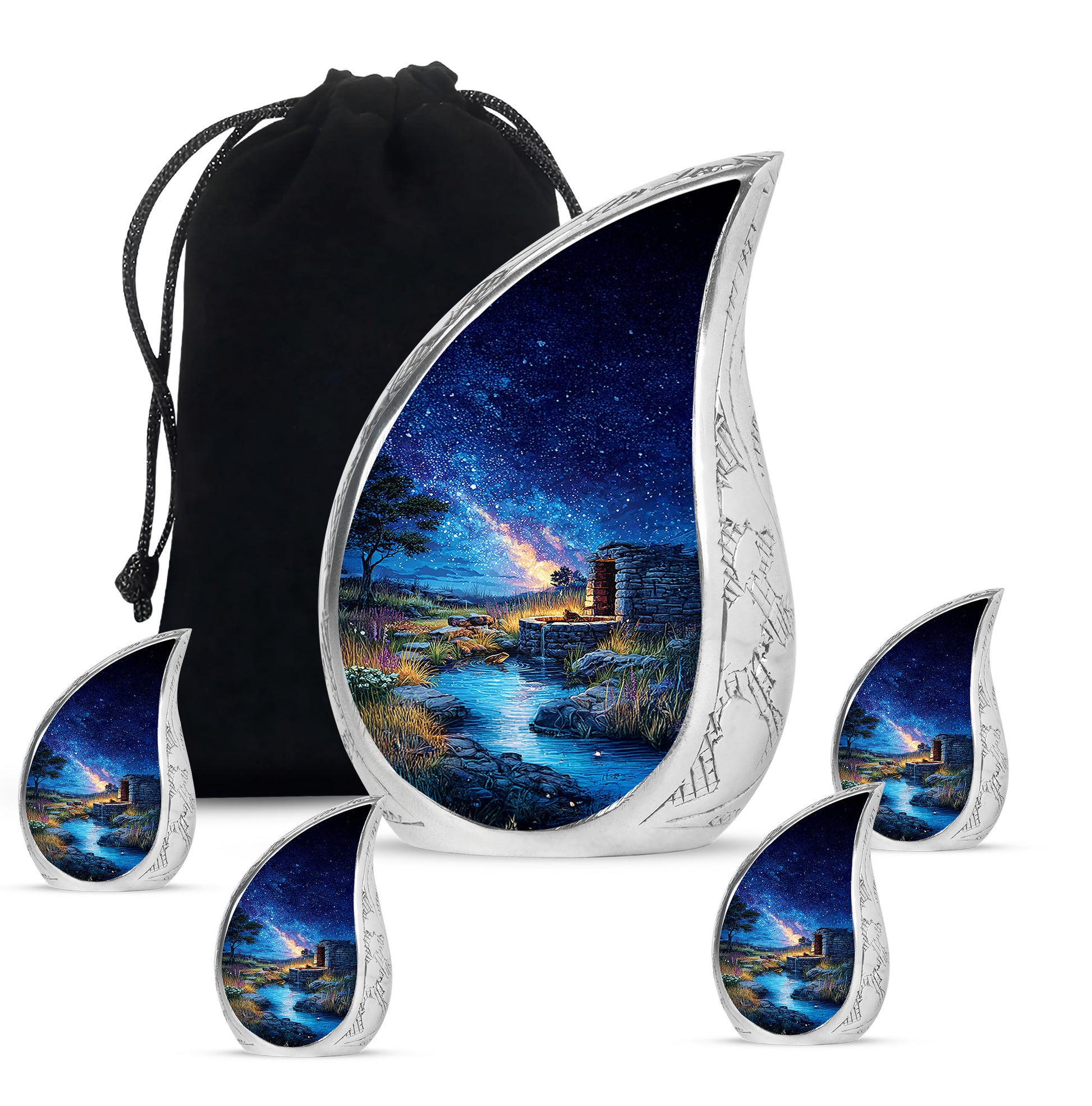 Cobalt Blue Frog Cremation Urn side profile showing urn shape - graceful tear-shaped urn with frog motif - memorial set with one large and four small urns