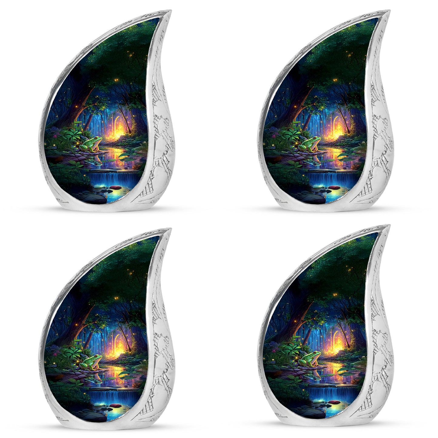 Royal Blue Frog Cremation Urn close-up of engraving and surface detail - smooth teardrop contour featuring frog art - 10 inch aluminum urn for cremated remains