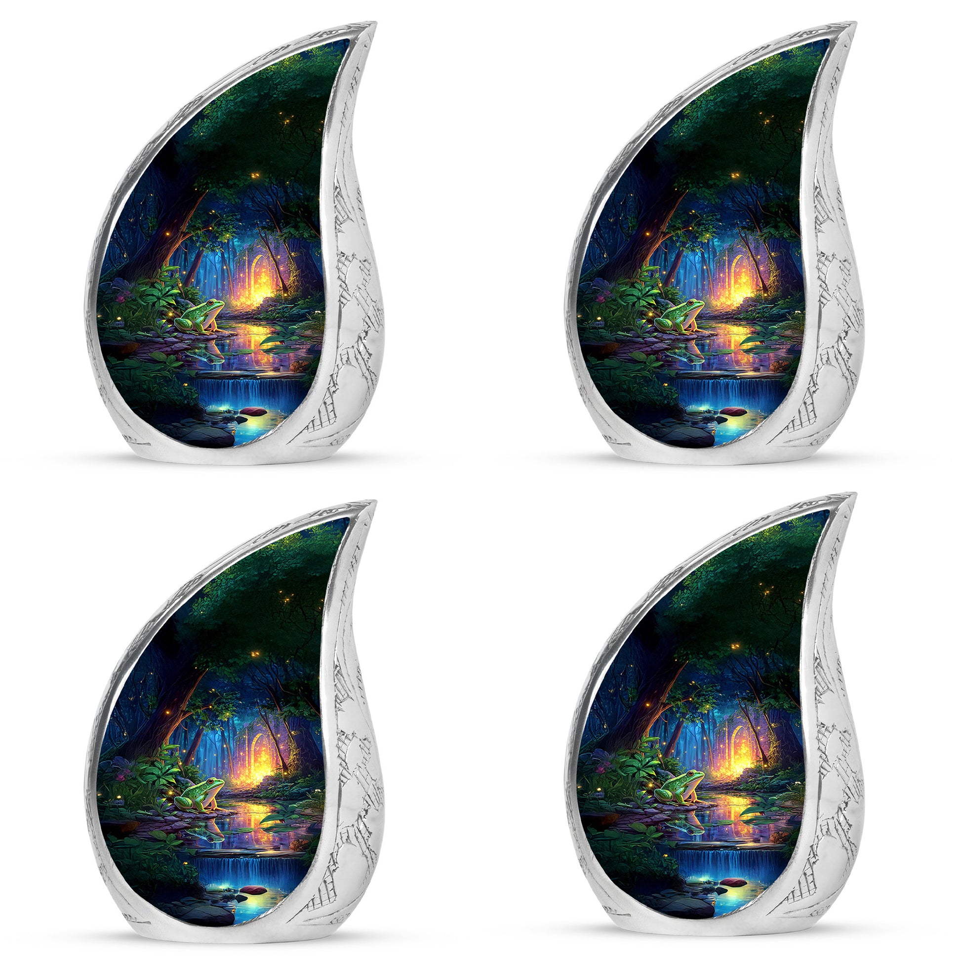 Royal Blue Frog Cremation Urn close-up of engraving and surface detail - smooth teardrop contour featuring frog art - 10 inch aluminum urn for cremated remains