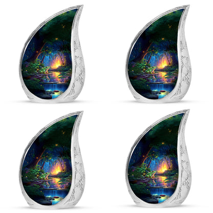 Royal Blue Frog Cremation Urn close-up of engraving and surface detail - smooth teardrop contour featuring frog art - 10 inch aluminum urn for cremated remains