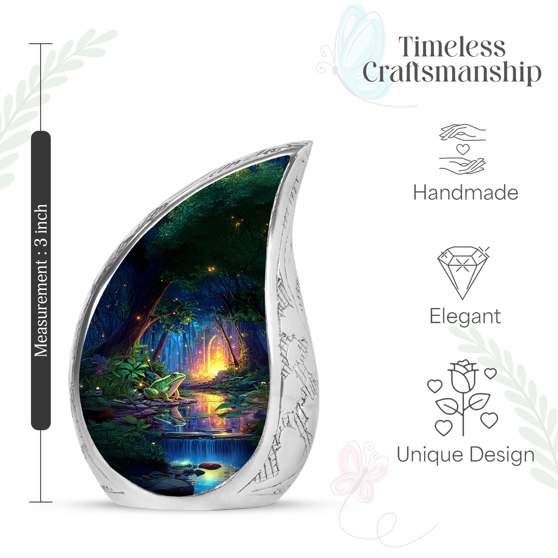 Twilight Blue Frog Cremation Urn angled view of lid and engraved motif - graceful tear-shaped urn with frog motif - mini keepsake memorial for portion of cremation ashes