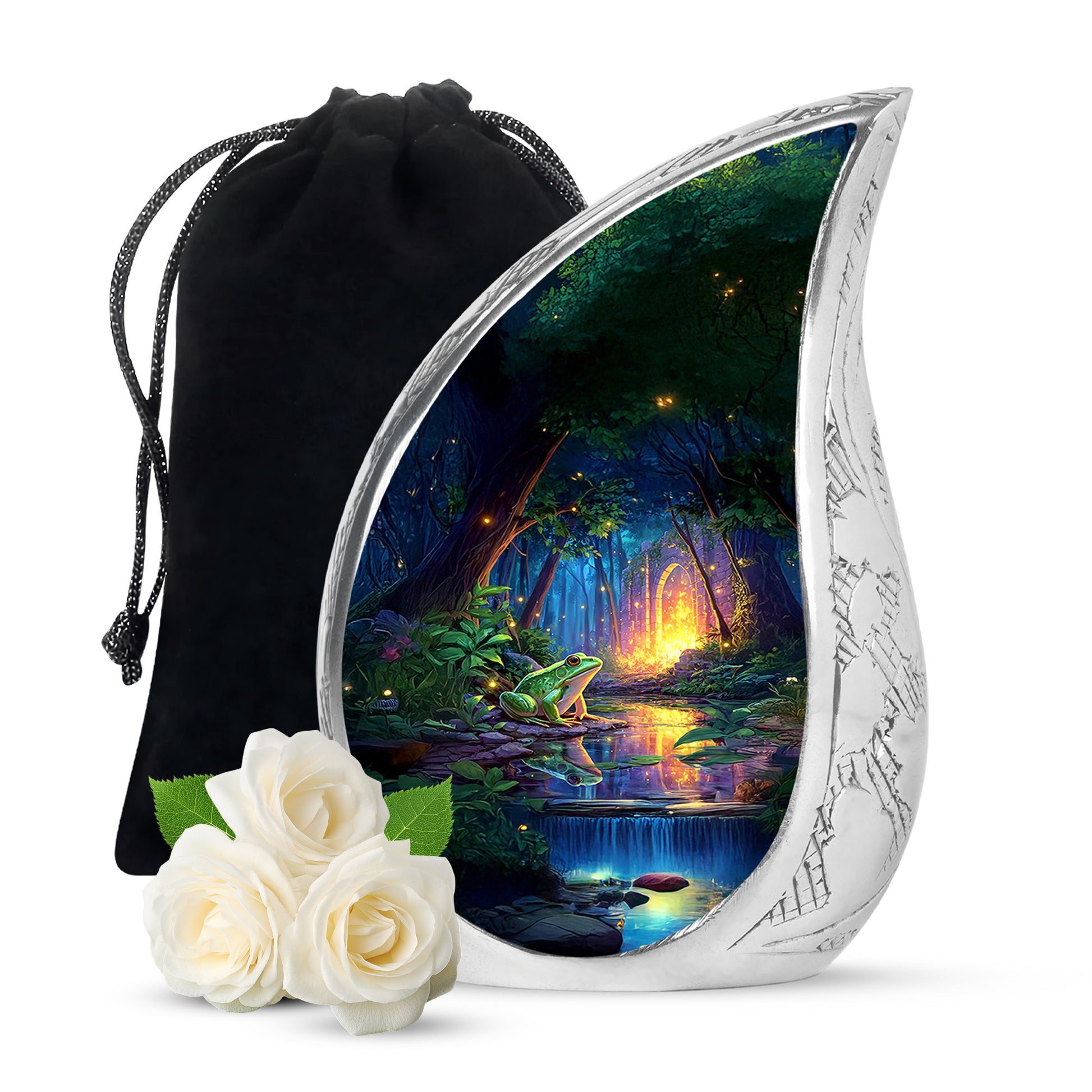 Steel Blue Frog Cremation Urn front view showing detailed design - graceful tear-shaped urn with frog motif - full-size 10 inch 200 cubic inch adult cremation urn