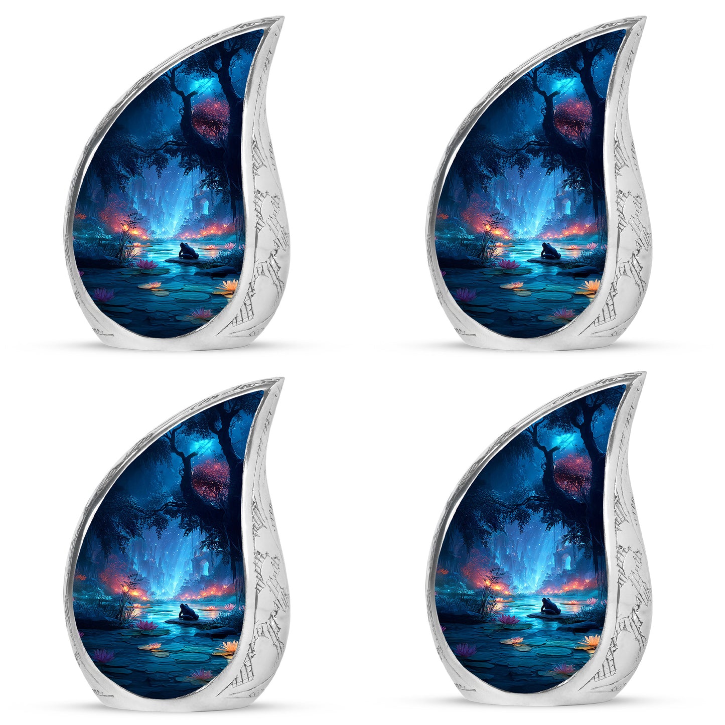 Sky Blue Frog Cremation Urn close-up of engraving and surface detail - rounded teardrop frog design with delicate detail - 10 inch aluminum urn for cremated remains