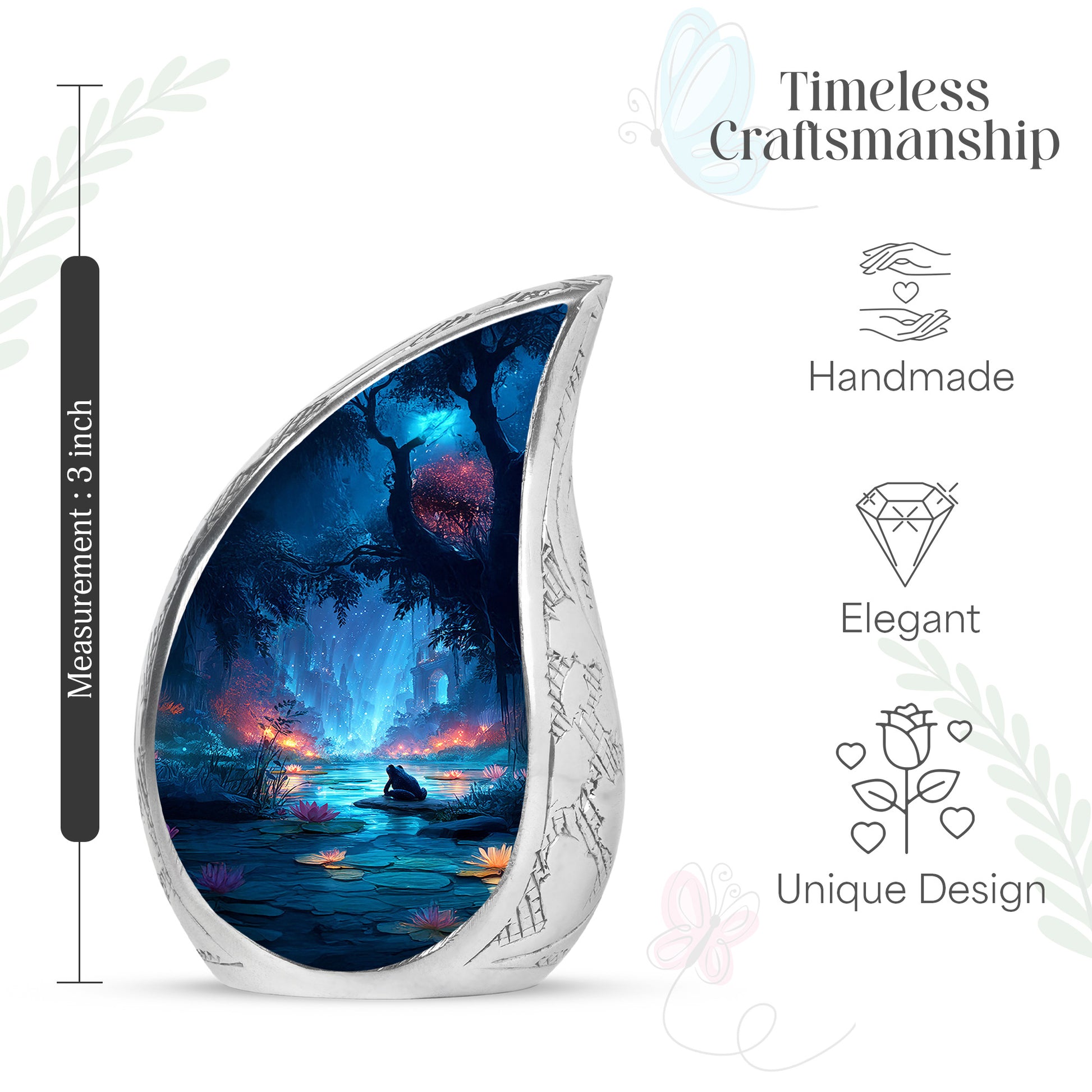 Sky Blue Frog Cremation Urn angled view of lid and engraved motif - flowing teardrop frog silhouette on curved aluminum - mini keepsake memorial for portion of cremation ashes