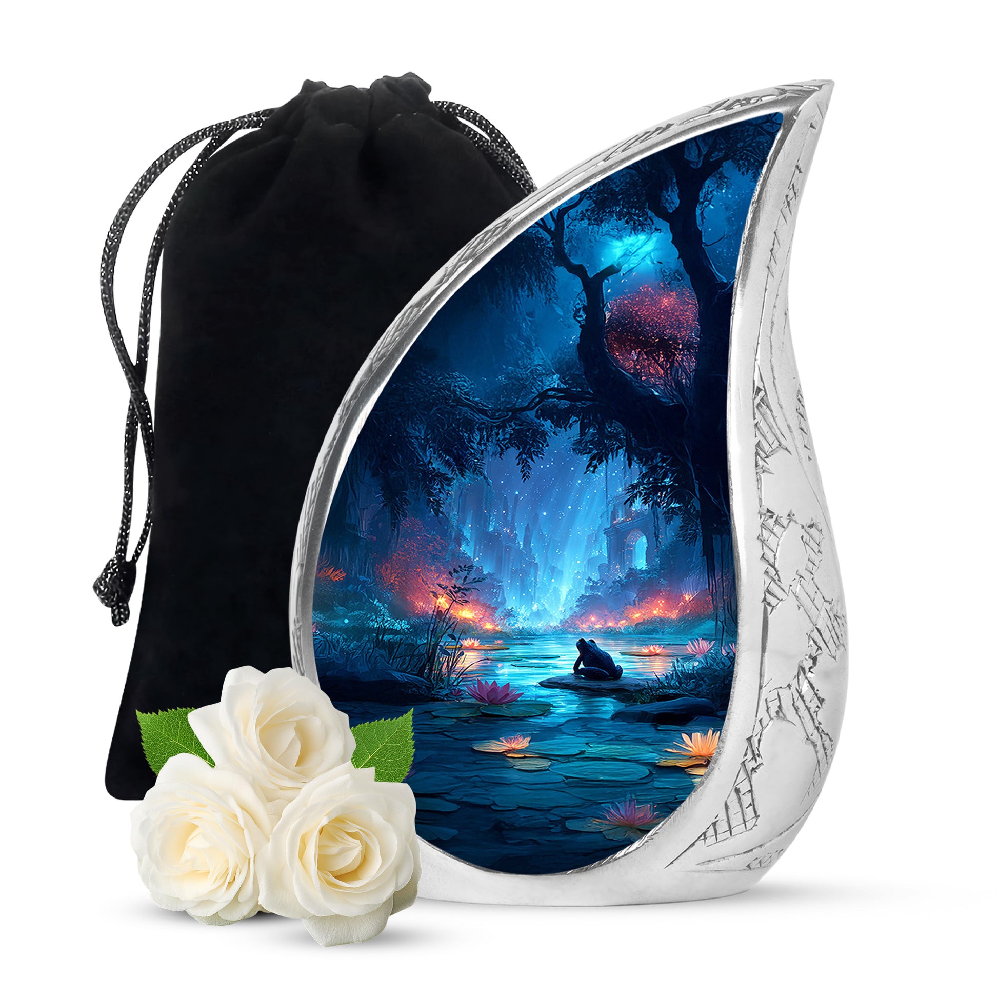 Sapphire Blue Frog Cremation Urn front view showing detailed design - graceful tear-shaped urn with frog motif - full-size 10 inch 200 cubic inch adult cremation urn