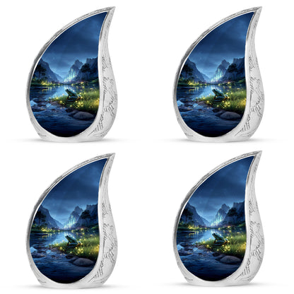 Navy Blue Frog Cremation Urn close-up of engraving and surface detail - flowing teardrop frog silhouette on curved aluminum - 10 inch aluminum urn for cremated remains