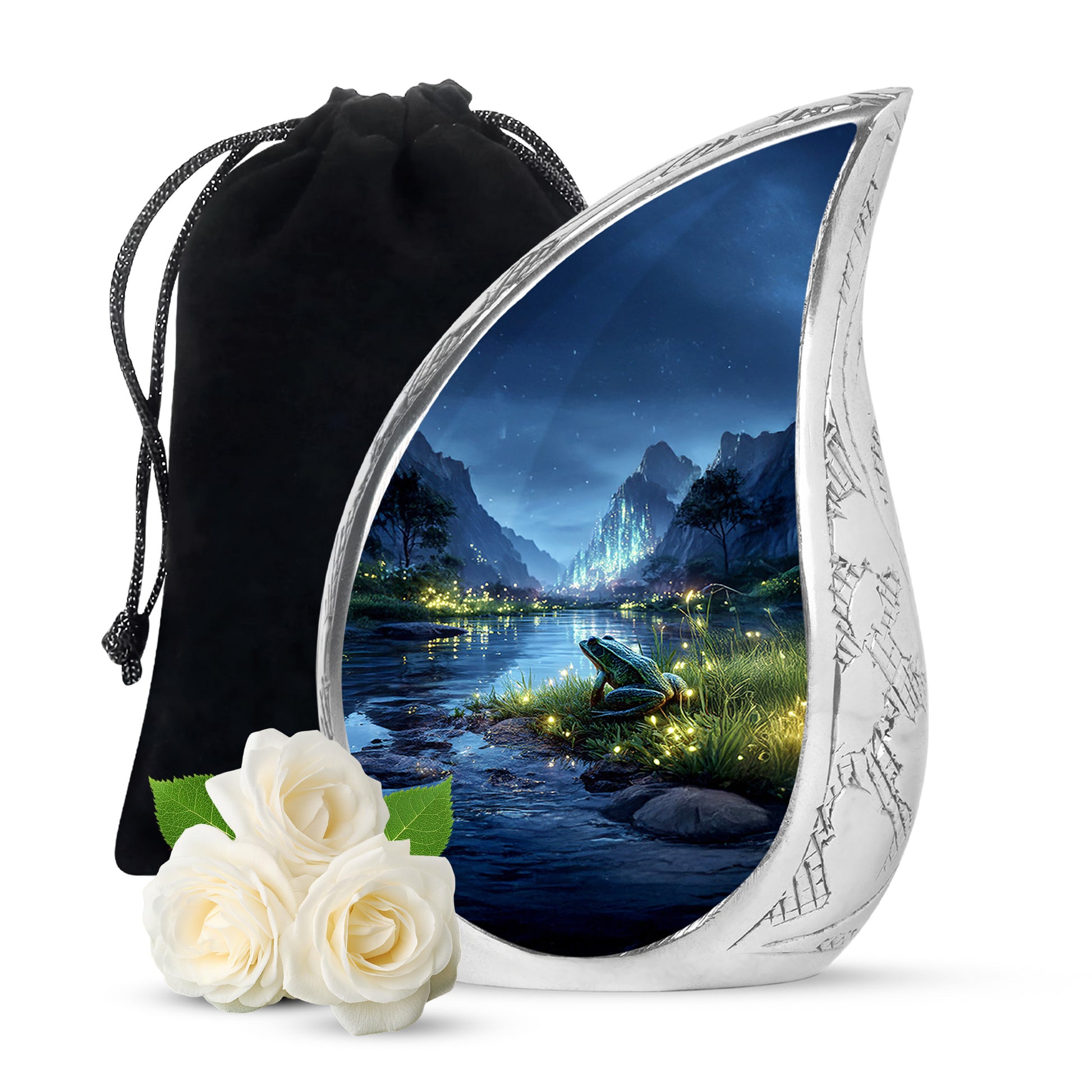 Indigo Frog Cremation Urn front view showing detailed design - flowing teardrop frog silhouette on curved aluminum - full-size 10 inch 200 cubic inch adult cremation urn
