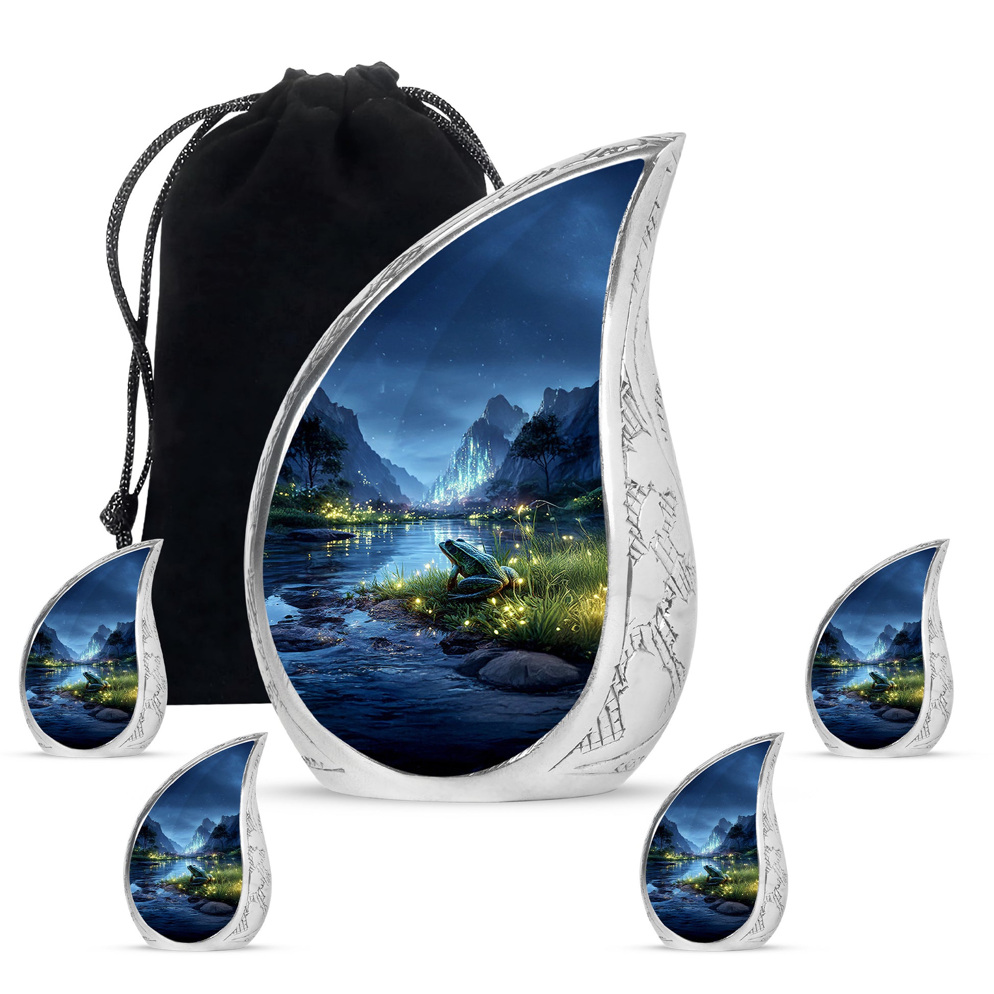 Misty Blue Frog Cremation Urn side profile showing urn shape - flowing teardrop frog silhouette on curved aluminum - memorial set with one large and four small urns