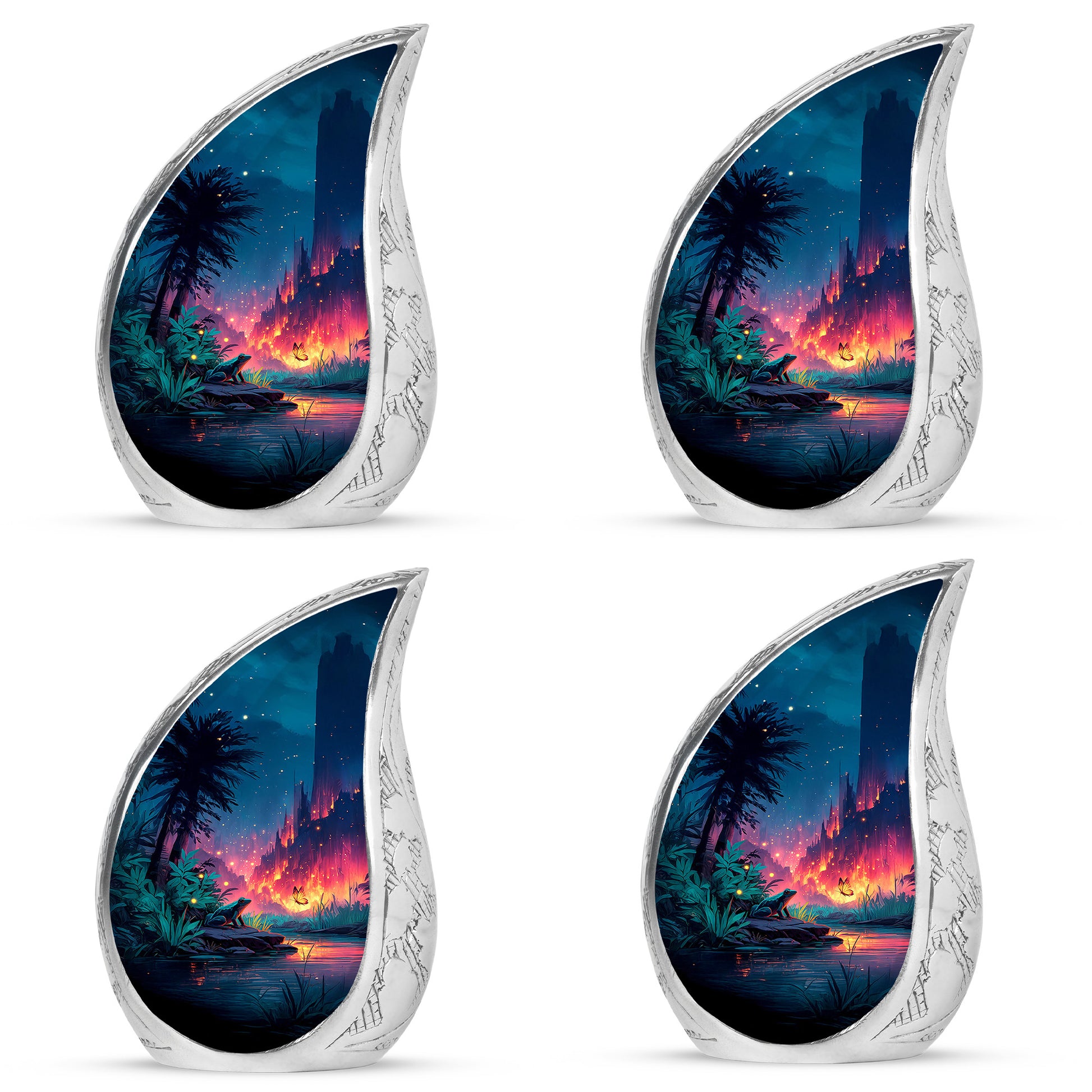 Soft Blue Frog Cremation Urn close-up of engraving and surface detail - smooth teardrop contour featuring frog art - 10 inch aluminum urn for cremated remains