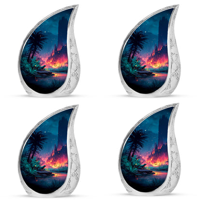Soft Blue Frog Cremation Urn close-up of engraving and surface detail - smooth teardrop contour featuring frog art - 10 inch aluminum urn for cremated remains