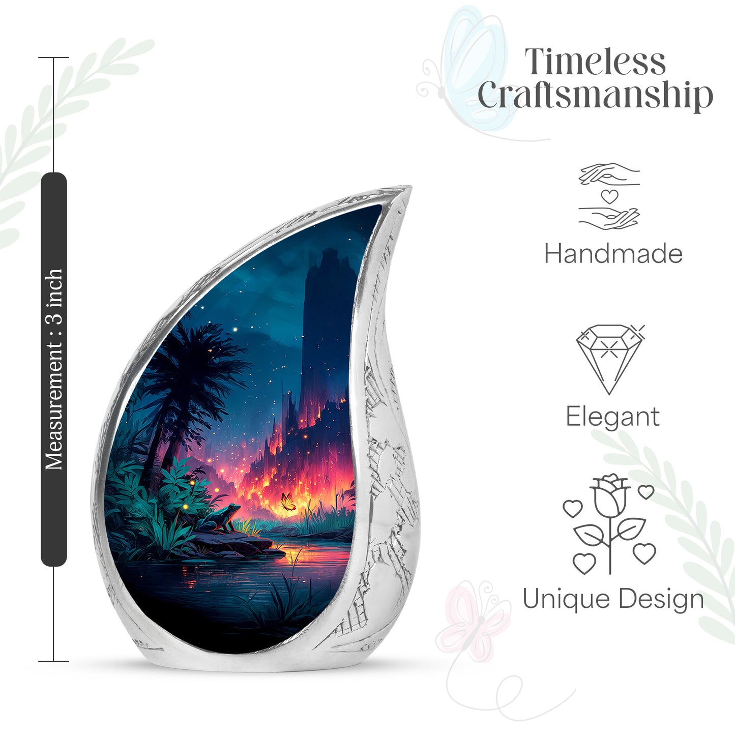 Cobalt Blue Frog Cremation Urn angled view of lid and engraved motif - graceful tear-shaped urn with frog motif - mini keepsake memorial for portion of cremation ashes