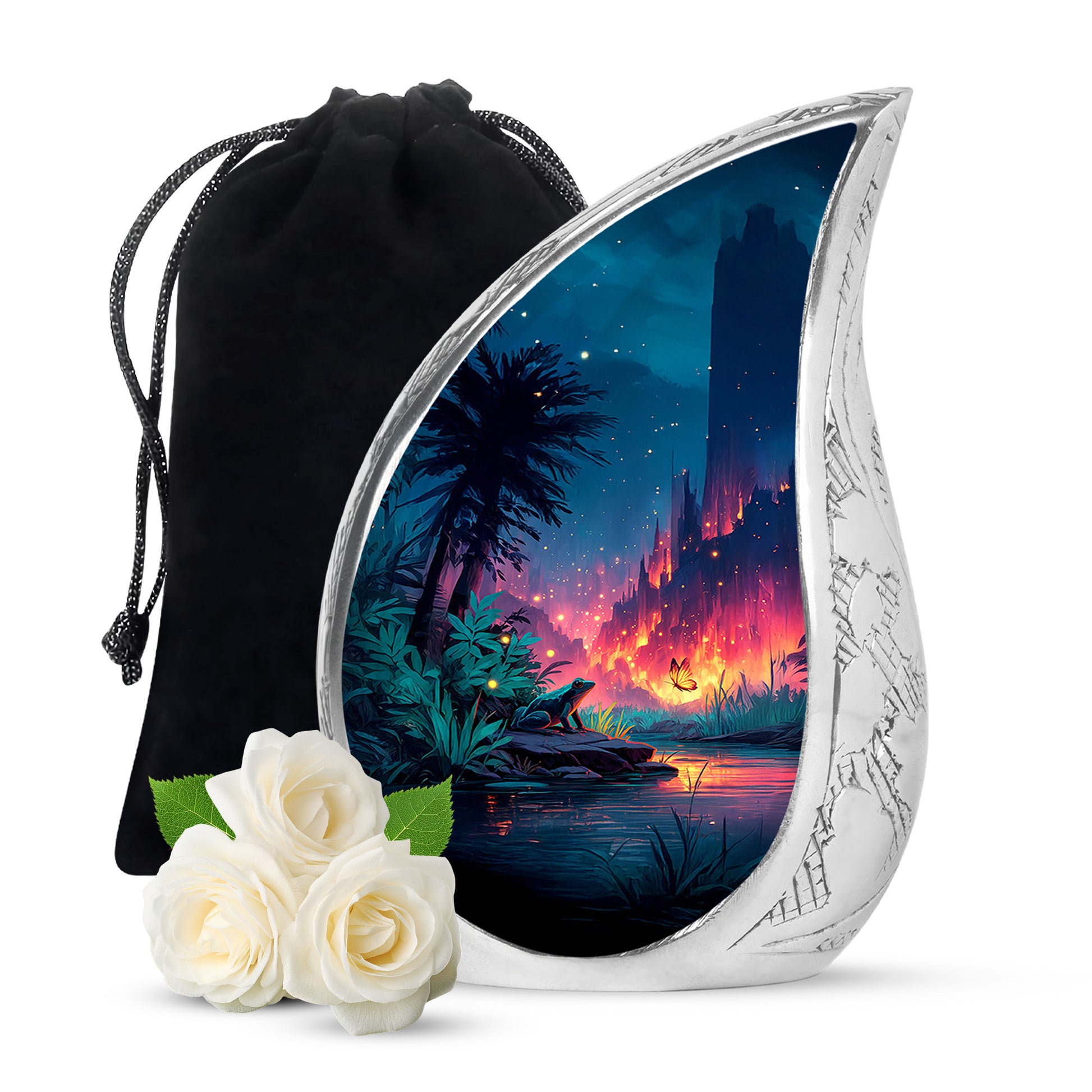 Vivid Blue Frog Cremation Urn front view showing detailed design - smooth teardrop contour featuring frog art - full-size 10 inch 200 cubic inch adult cremation urn