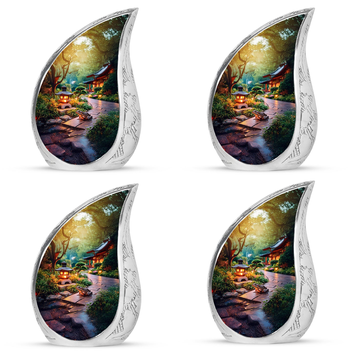 Soft Yellow Frog Cremation Urn close-up of engraving and surface detail - smooth teardrop contour featuring frog art - 10 inch aluminum urn for cremated remains