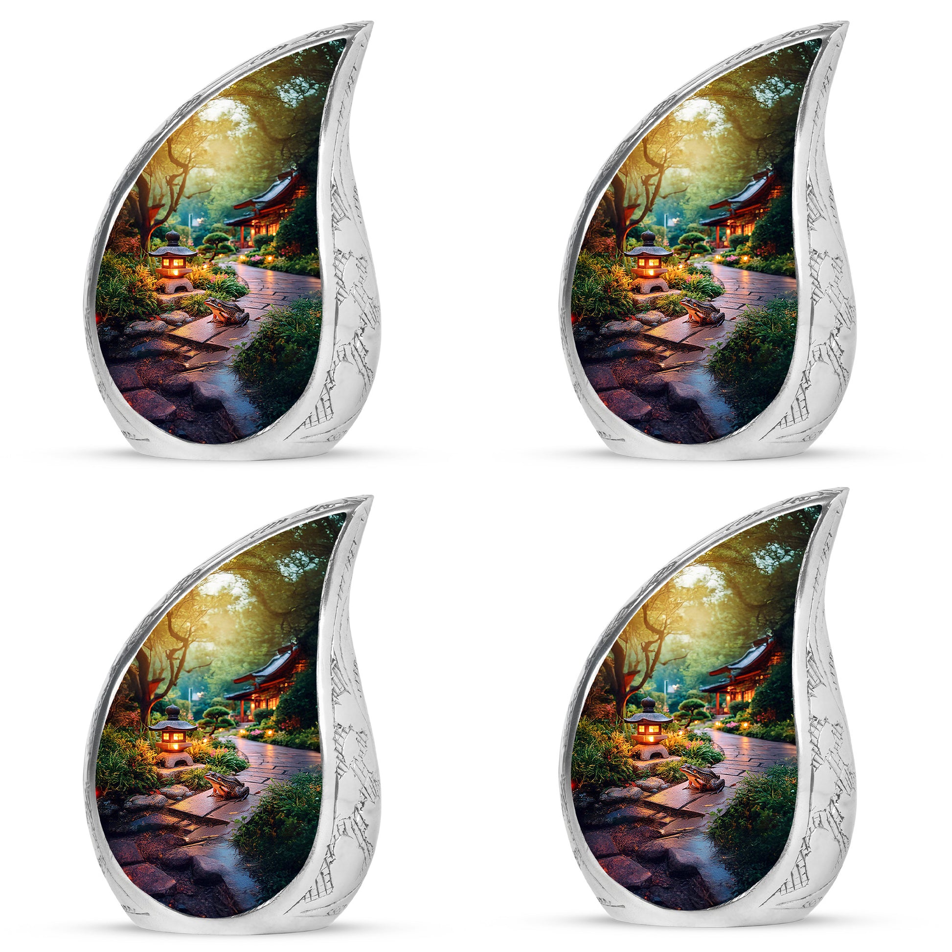 Soft Yellow Frog Cremation Urn close-up of engraving and surface detail - smooth teardrop contour featuring frog art - 10 inch aluminum urn for cremated remains