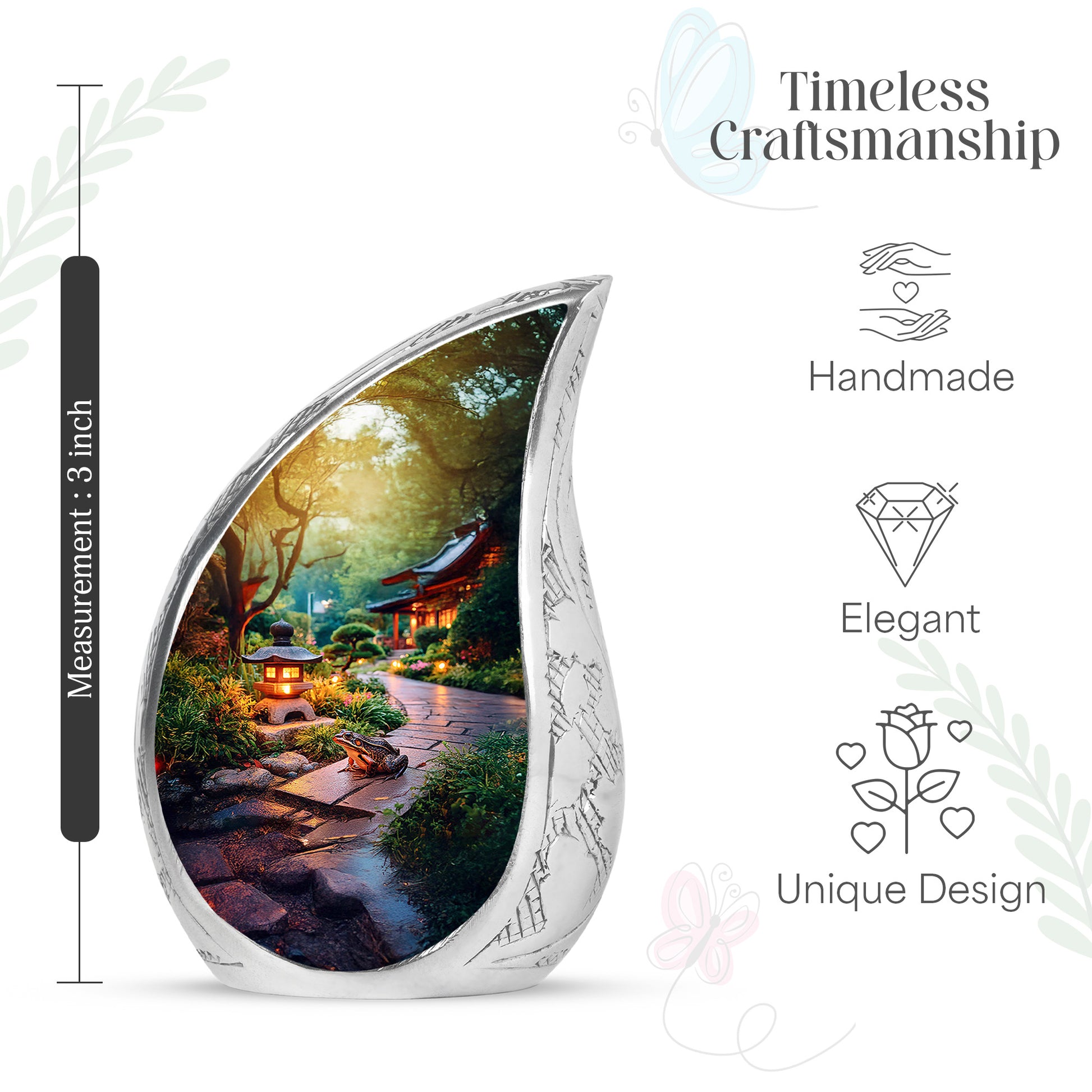 Buttercup Yellow Frog Cremation Urn angled view of lid and engraved motif - rounded teardrop frog design with delicate detail - mini keepsake memorial for portion of cremation ashes