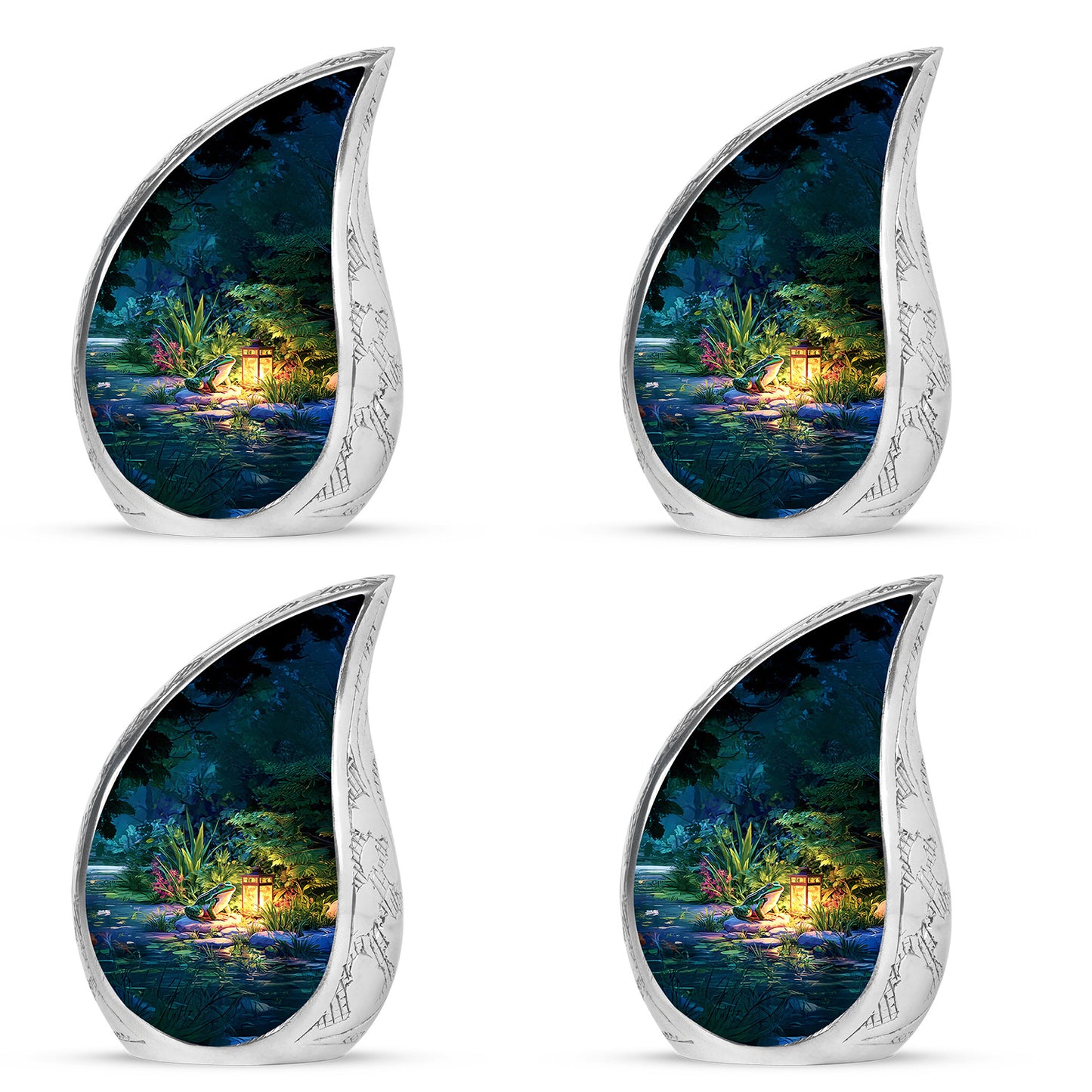 Sapphire Blue Frog Cremation Urn close-up of engraving and surface detail - smooth teardrop contour featuring frog art - 10 inch aluminum urn for cremated remains