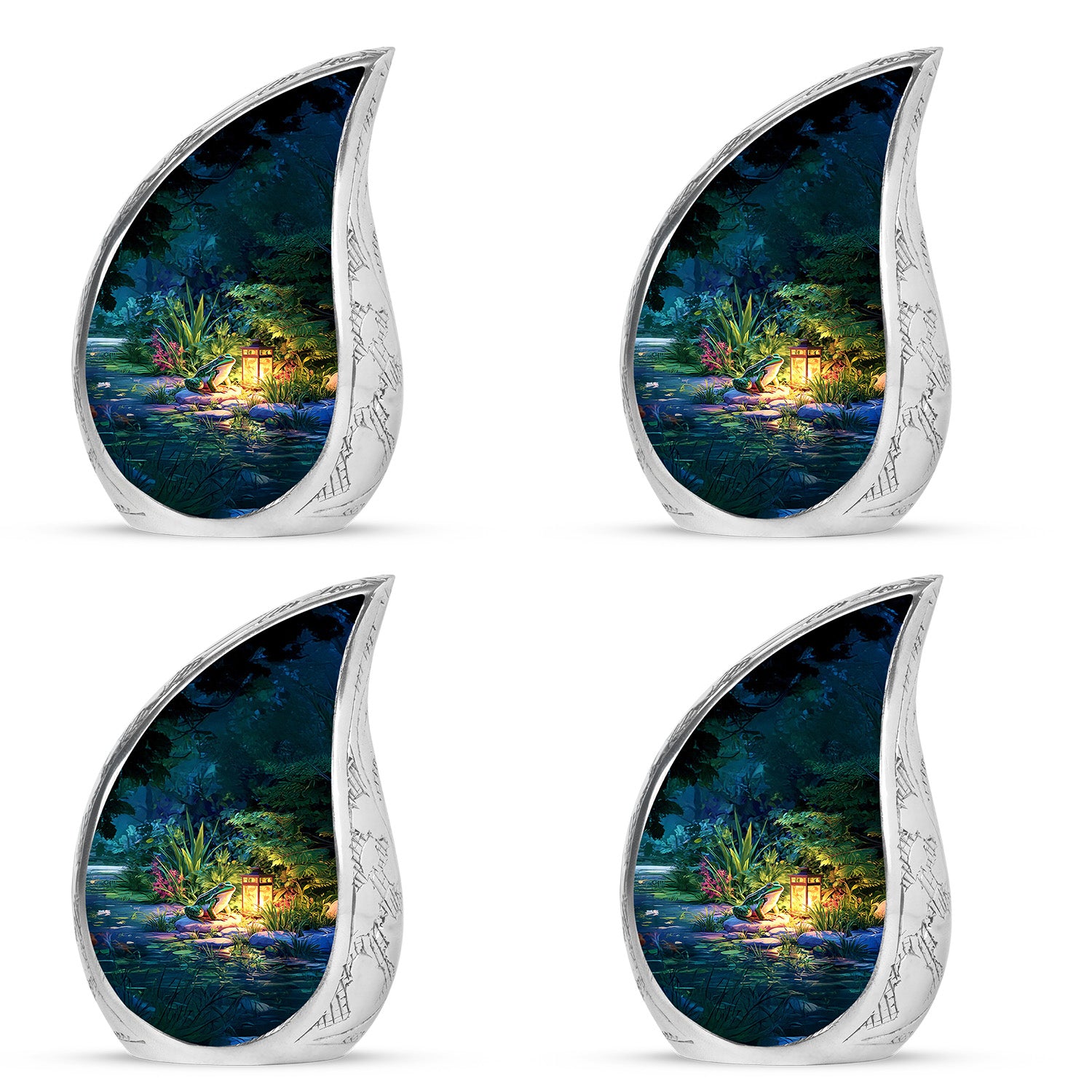 Sapphire Blue Frog Cremation Urn close-up of engraving and surface detail - smooth teardrop contour featuring frog art - 10 inch aluminum urn for cremated remains