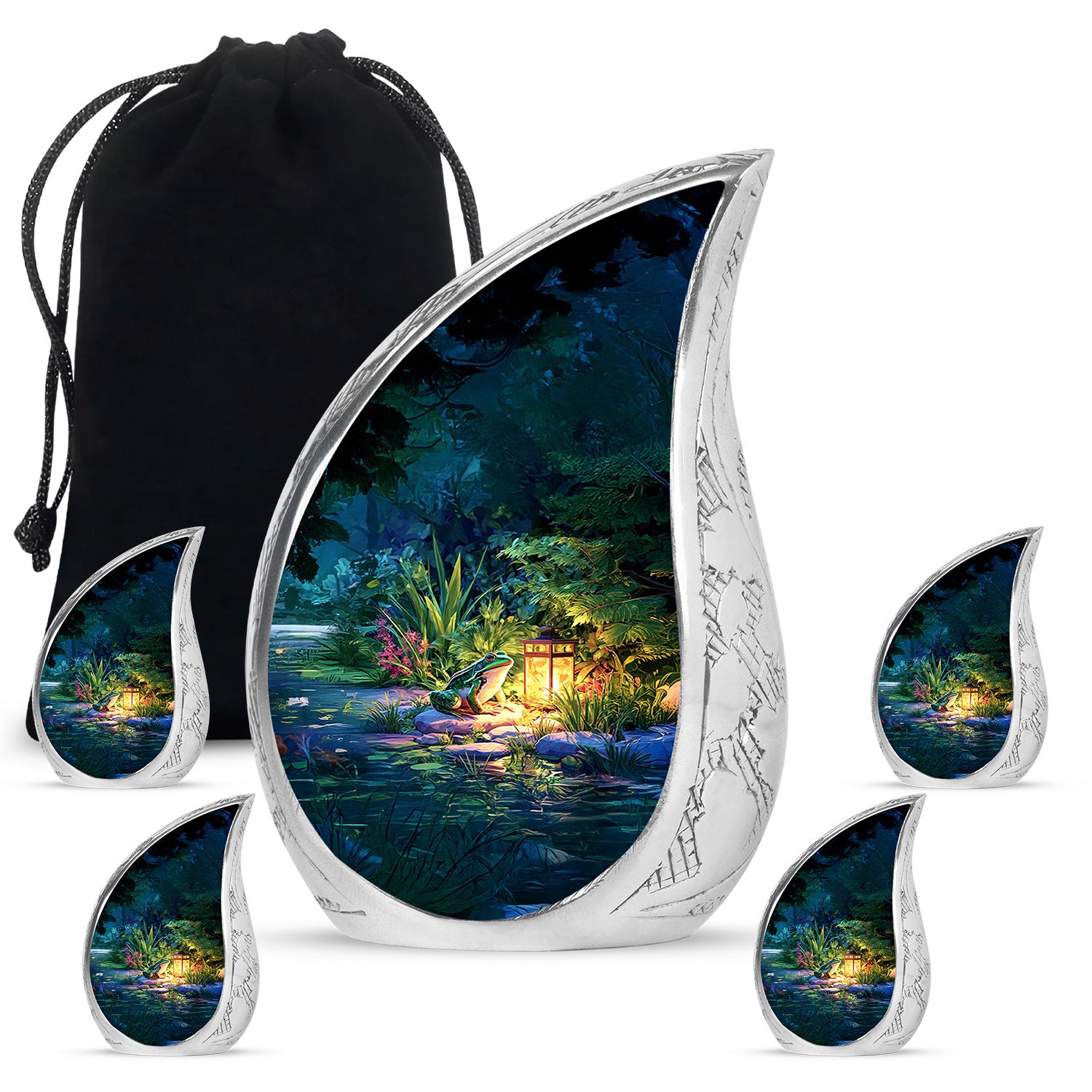 Azure Frog Cremation Urn side profile showing urn shape - flowing teardrop frog silhouette on curved aluminum - memorial set with one large and four small urns