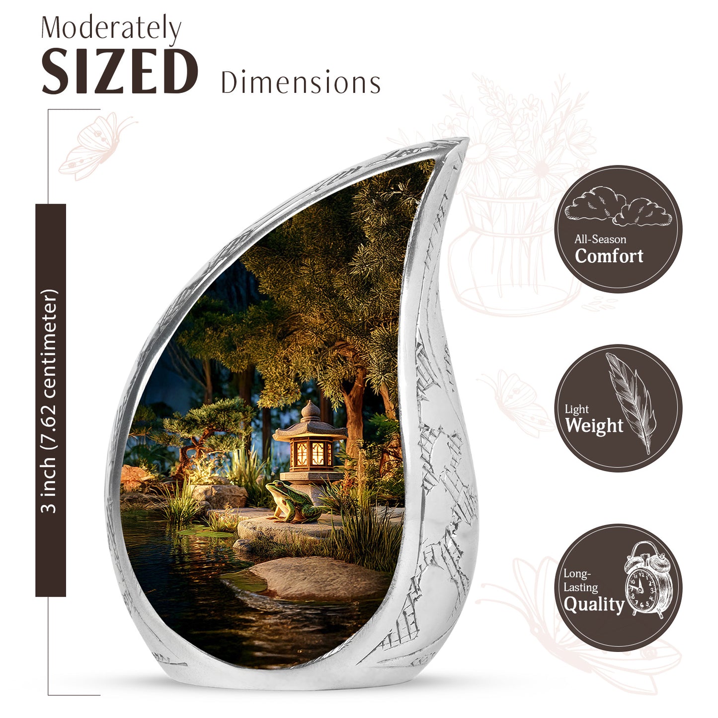 Matte Gold Frog Cremation Urn angled view of lid and engraved motif - smooth teardrop contour featuring frog art - mini keepsake memorial for portion of cremation ashes