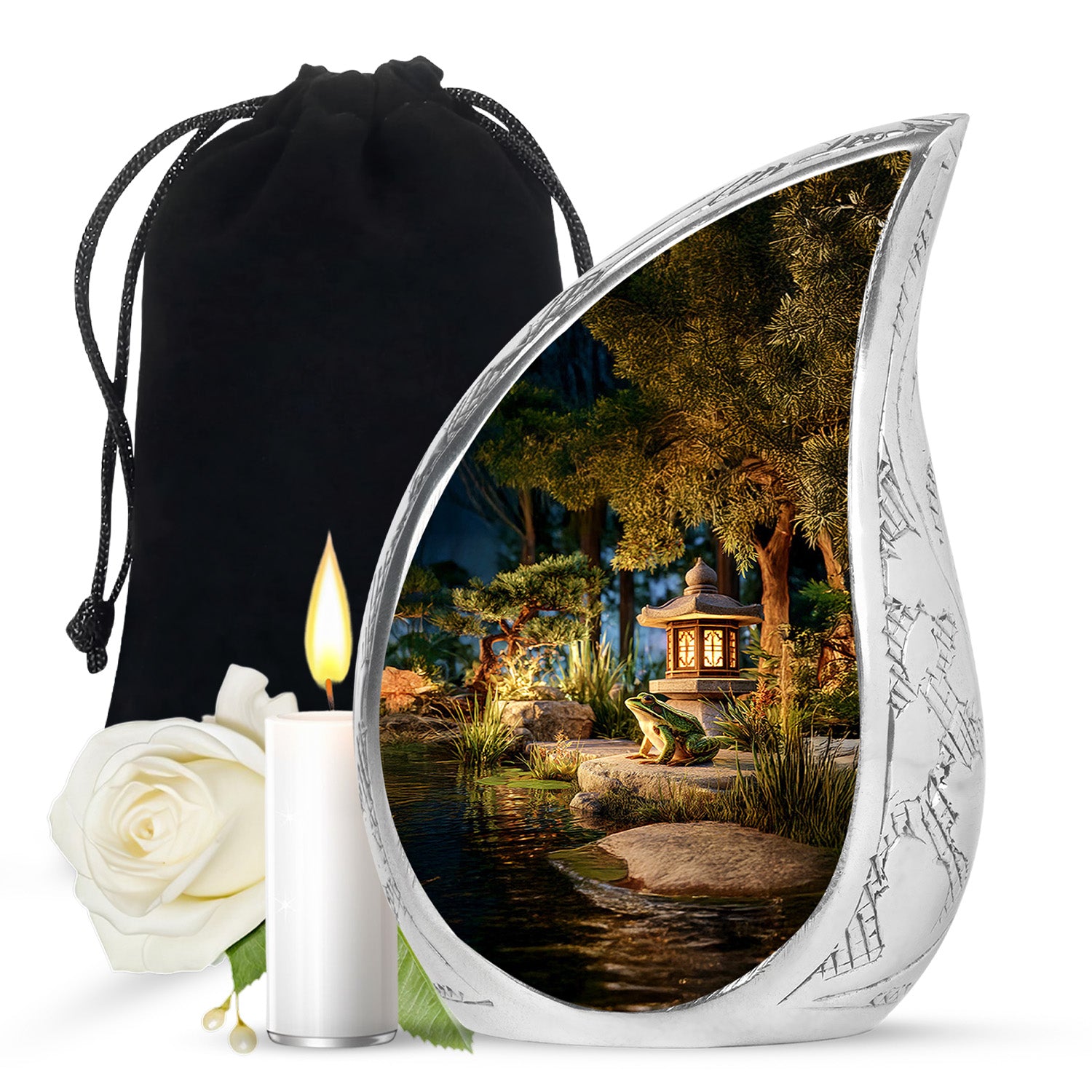 Sunrise Gold Frog Cremation Urn front view showing detailed design - flowing teardrop frog silhouette on curved aluminum - full-size 10 inch 200 cubic inch adult cremation urn
