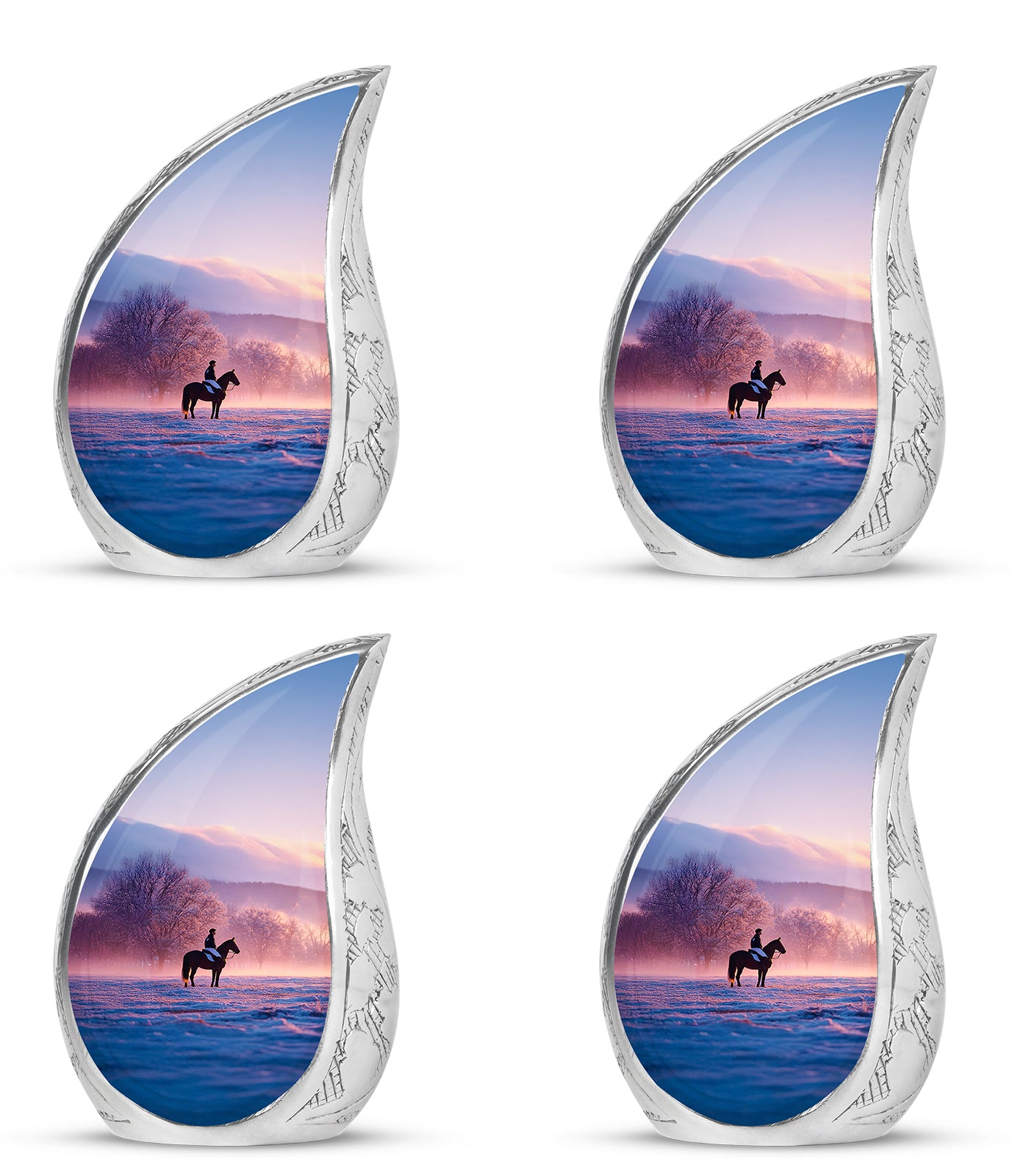 Amethyst Purple Horse Polo Cremation Urn close-up of engraving and surface detail - flowing teardrop horse polo silhouette on curved aluminum - 10 inch aluminum urn for cremated remains