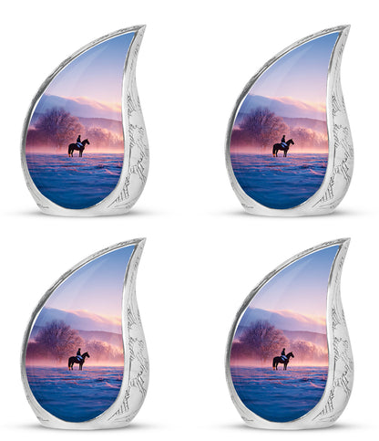 Amethyst Purple Horse Polo Cremation Urn close-up of engraving and surface detail - flowing teardrop horse polo silhouette on curved aluminum - 10 inch aluminum urn for cremated remains