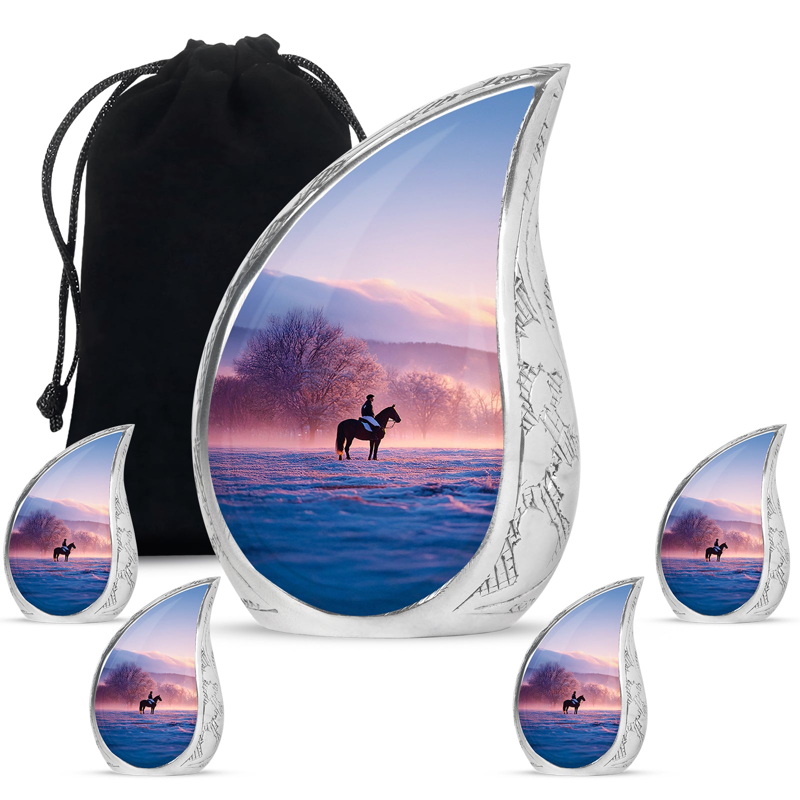 Grape Purple Horse Polo Cremation Urn side profile showing urn shape - graceful tear-shaped urn with horse polo motif - memorial set with one large and four small urns