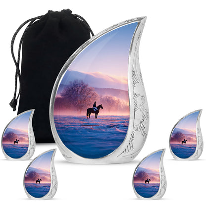 Grape Purple Horse Polo Cremation Urn side profile showing urn shape - graceful tear-shaped urn with horse polo motif - memorial set with one large and four small urns