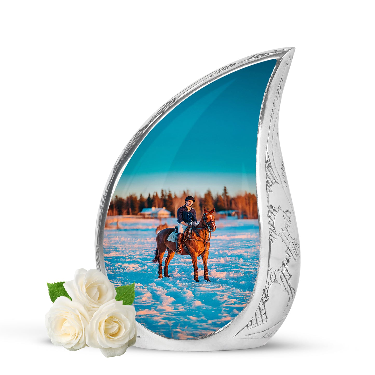 Personalized Silver Revered Horse Polo Cremation Urns for Human Ashes - 10-inch, 200 cu in - Yatskia