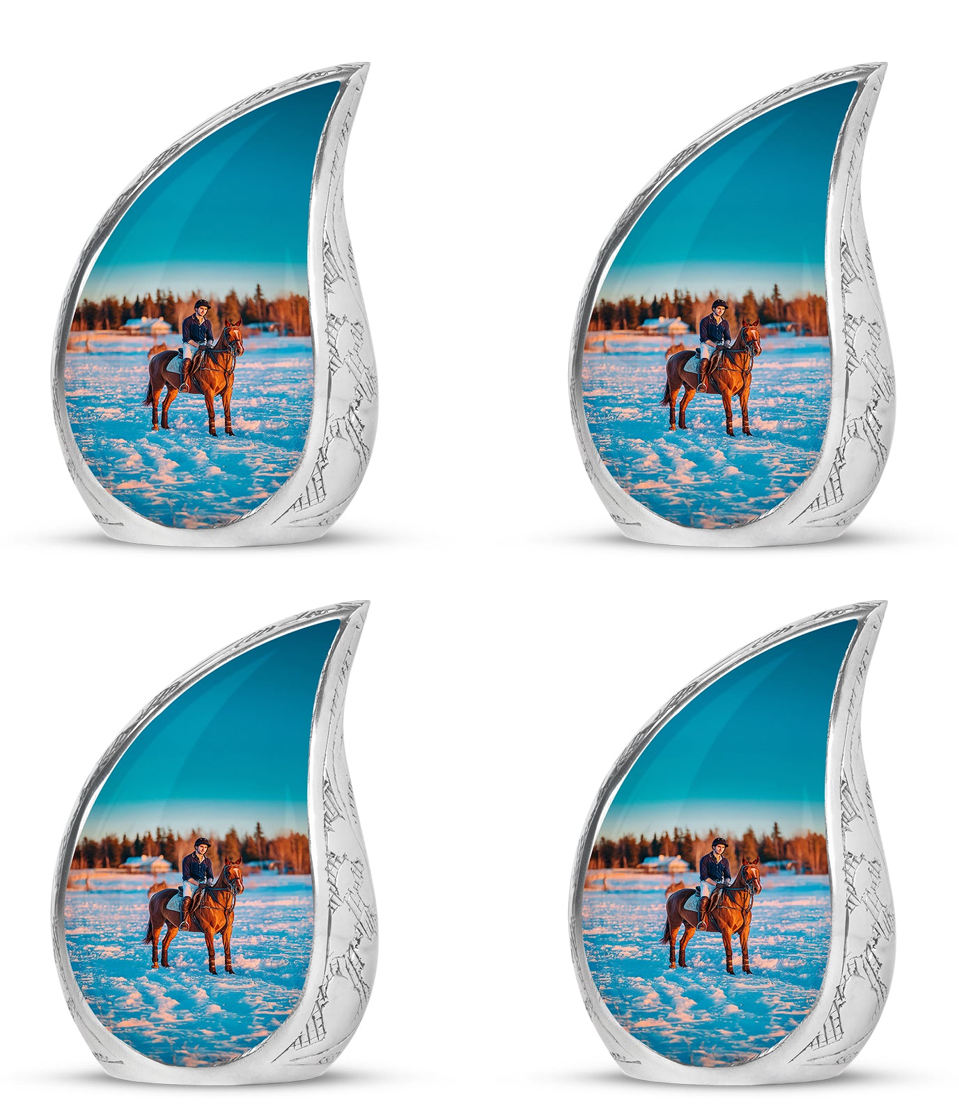 Brushed Silver Horse Polo Cremation Urn close-up of engraving and surface detail - flowing teardrop horse polo silhouette on curved aluminum - 10 inch aluminum urn for cremated remains
