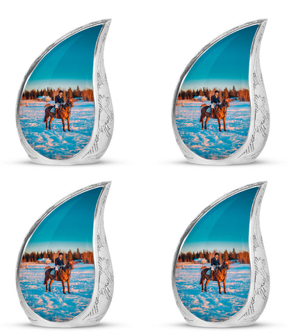 Brushed Silver Horse Polo Cremation Urn close-up of engraving and surface detail - flowing teardrop horse polo silhouette on curved aluminum - 10 inch aluminum urn for cremated remains