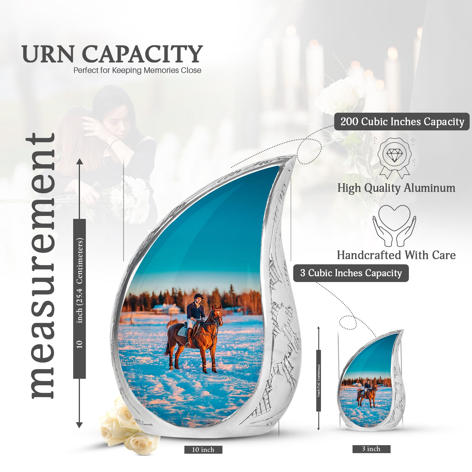 Satin Silver Horse Polo Cremation Urn angled view of lid and engraved motif - flowing teardrop horse polo silhouette on curved aluminum - mini keepsake memorial for portion of cremation ashes