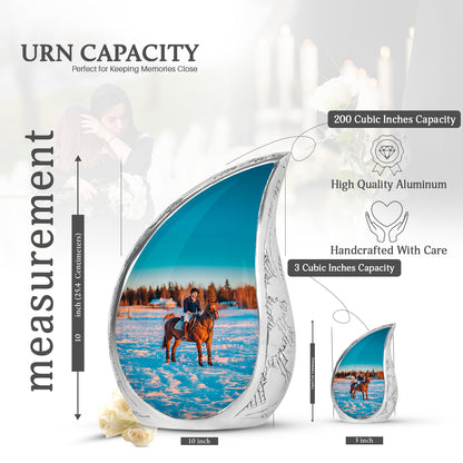 Satin Silver Horse Polo Cremation Urn angled view of lid and engraved motif - flowing teardrop horse polo silhouette on curved aluminum - mini keepsake memorial for portion of cremation ashes