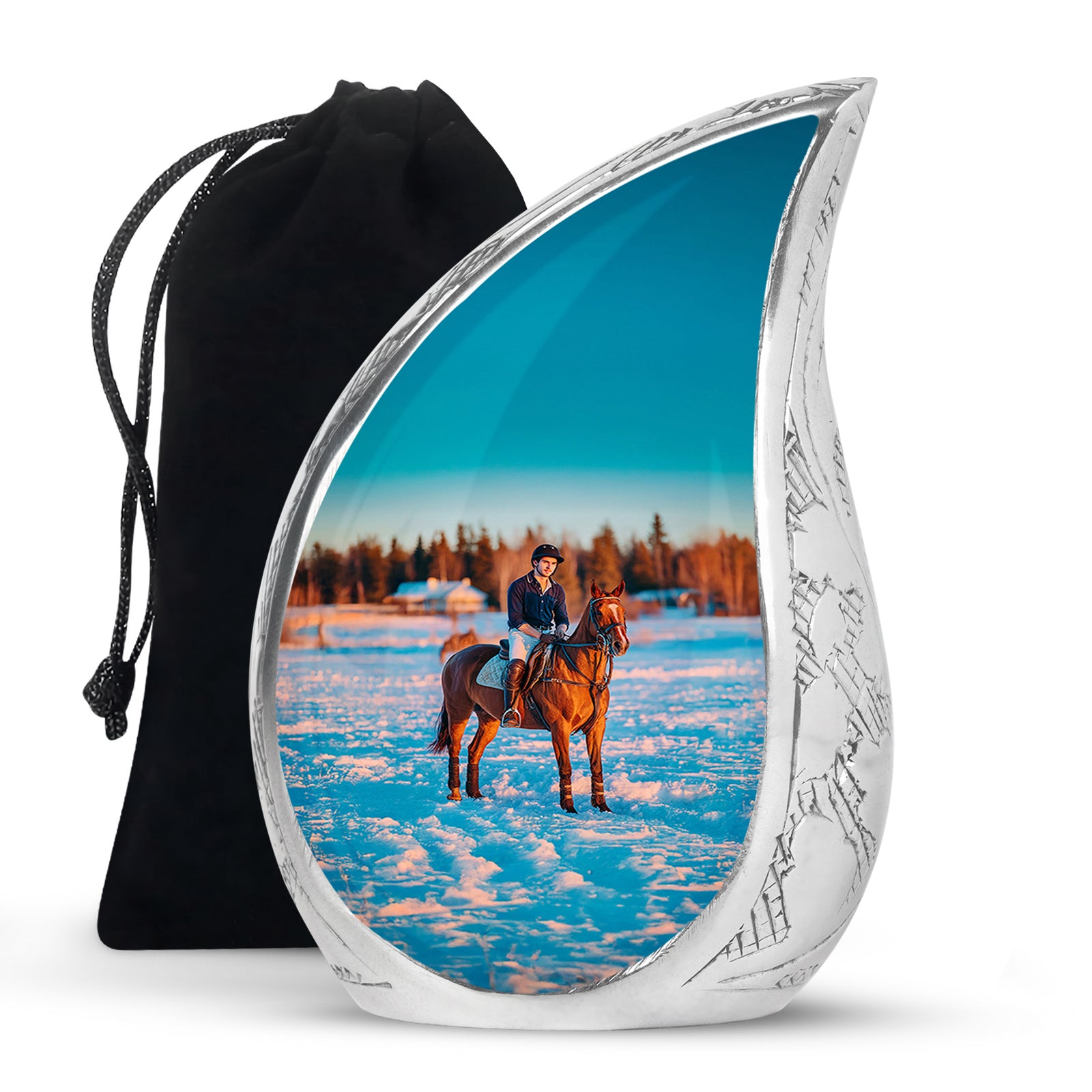 Satin Silver Horse Polo Cremation Urn front view showing detailed design - rounded teardrop horse polo design with delicate detail - full-size 10 inch 200 cubic inch adult cremation urn