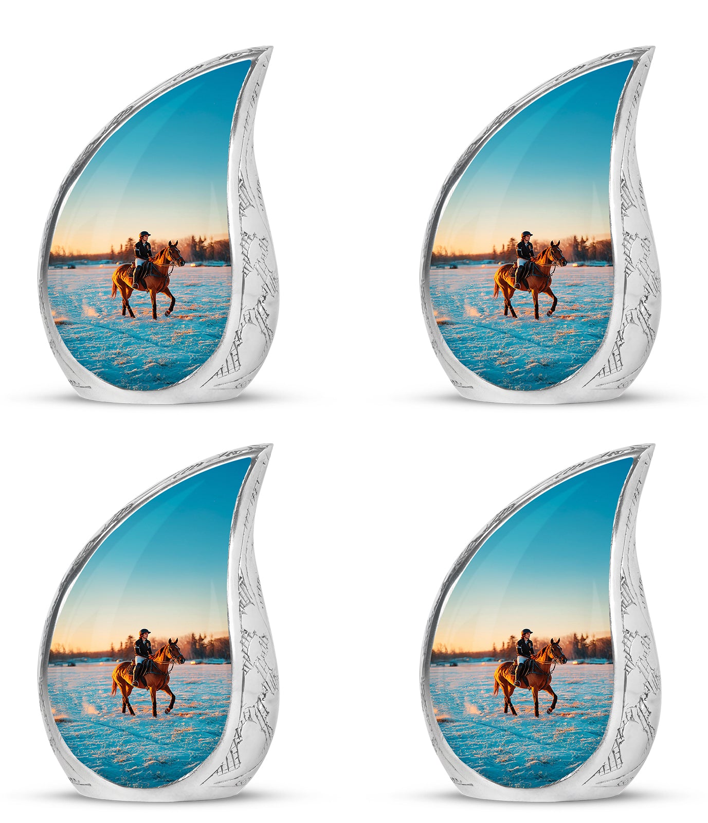 Platinum Silver Horse Polo Cremation Urn close-up of engraving and surface detail - rounded teardrop horse polo design with delicate detail - 10 inch aluminum urn for cremated remains