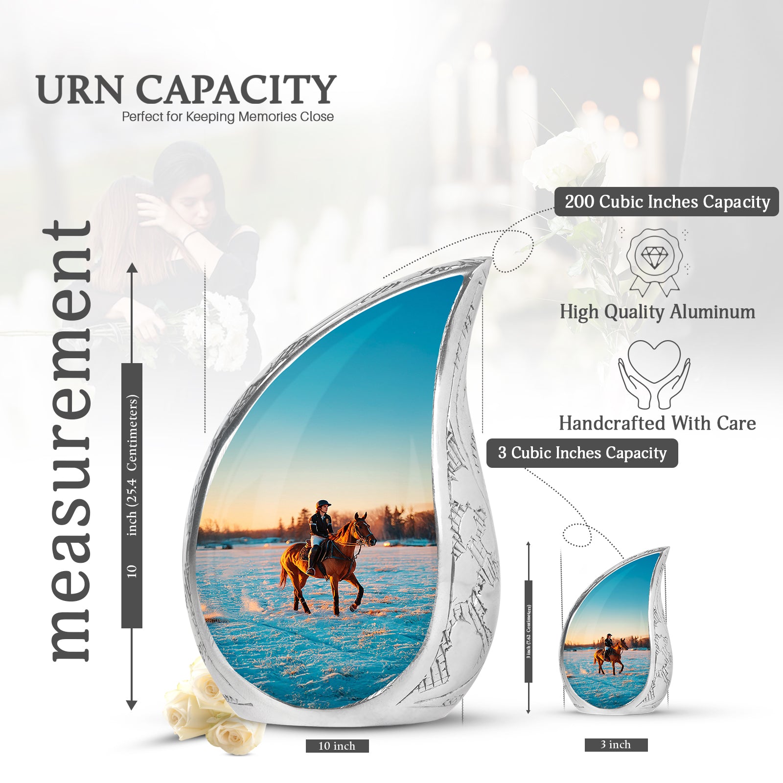 Gleaming Silver Horse Polo Cremation Urn angled view of lid and engraved motif - rounded teardrop horse polo design with delicate detail - mini keepsake memorial for portion of cremation ashes