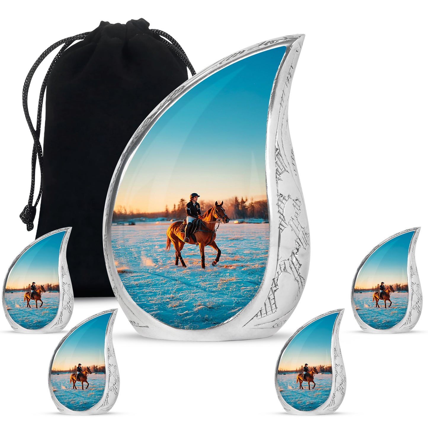 Gleaming Silver Horse Polo Cremation Urn side profile showing urn shape - flowing teardrop horse polo silhouette on curved aluminum - memorial set with one large and four small urns