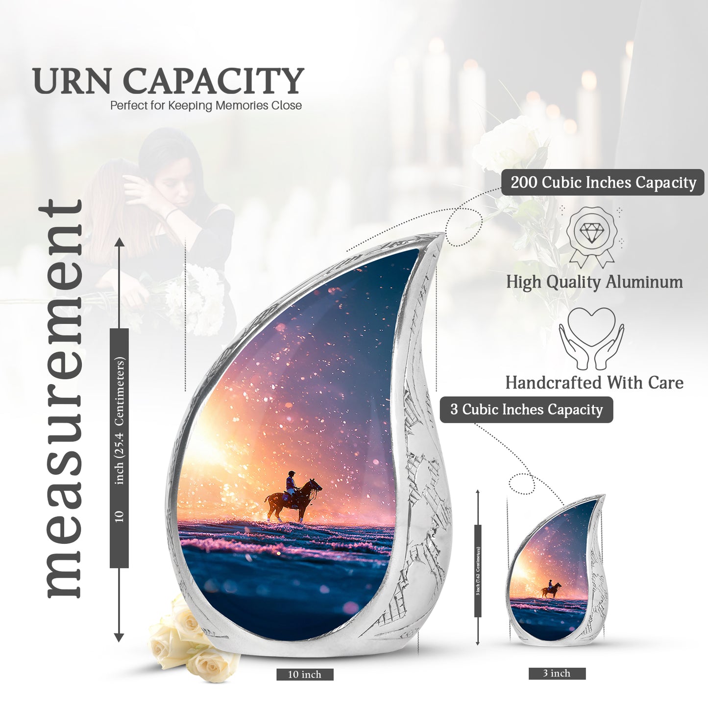 Wine Red Horse Polo Cremation Urn angled view of lid and engraved motif - flowing teardrop horse polo silhouette on curved aluminum - mini keepsake memorial for portion of cremation ashes